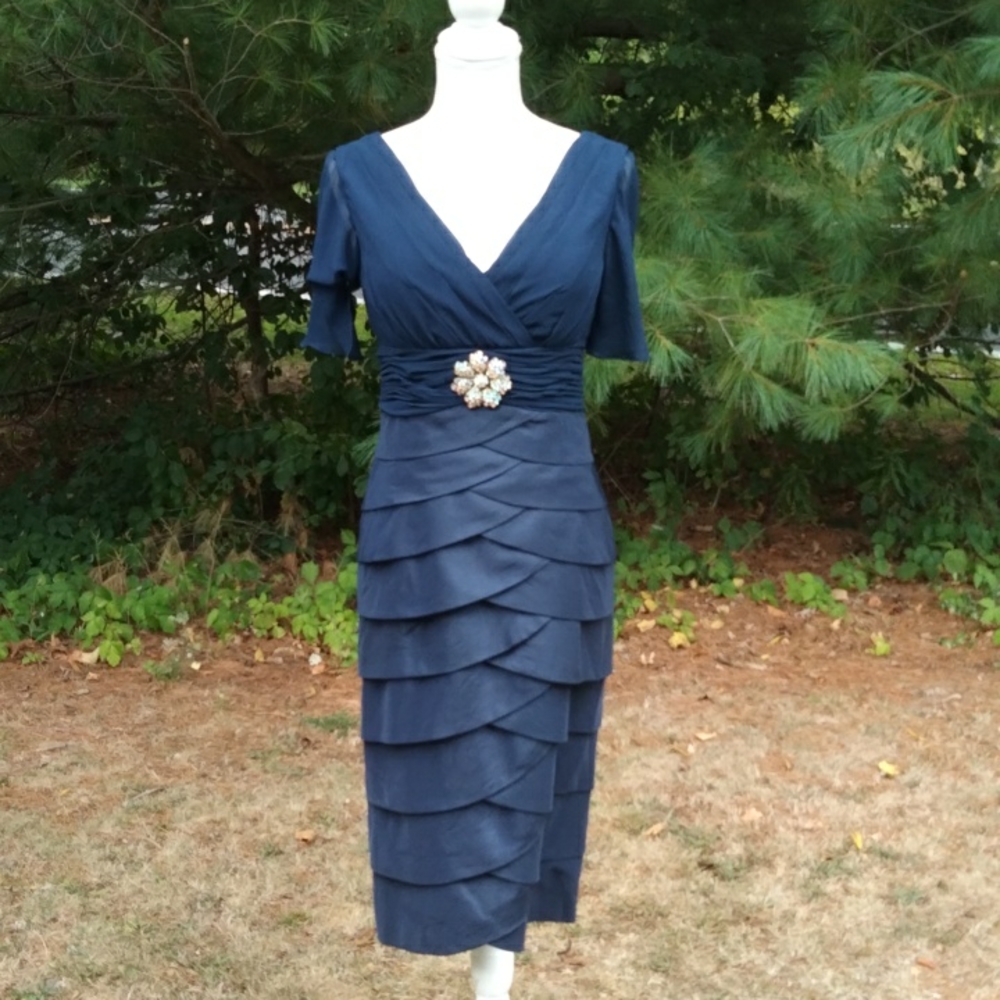 Moshita Evening Scalloped Midi Dress With Sheer Flutter Sleeves